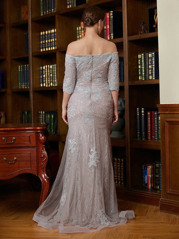 Kaitlin Sheath/Column Lace Applique Off-the-Shoulder 3/4 Sleeves Sweep/Brush Train Mother of the Bride Dresses DSP0020331