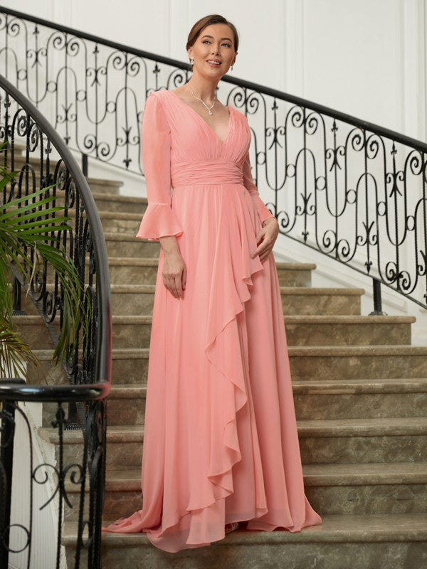 Lucy A-Line/Princess Chiffon Ruched V-neck Long Sleeves Sweep/Brush Train Mother of the Bride Dresses DSP0020305