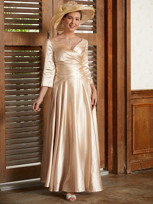 Riley A-Line/Princess Elastic Woven Satin Ruched V-neck 3/4 Sleeves Ankle-Length Mother of the Bride Dresses DSP0020362