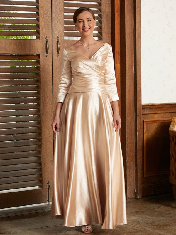 Riley A-Line/Princess Elastic Woven Satin Ruched V-neck 3/4 Sleeves Ankle-Length Mother of the Bride Dresses DSP0020362