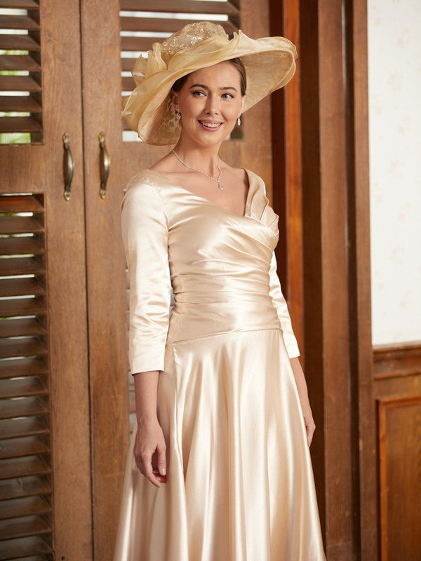 Riley A-Line/Princess Elastic Woven Satin Ruched V-neck 3/4 Sleeves Ankle-Length Mother of the Bride Dresses DSP0020362