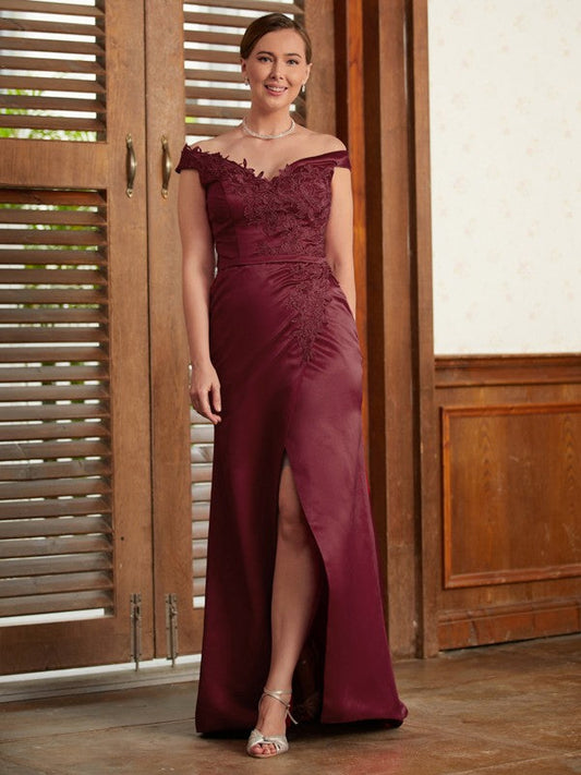 Ingrid Sheath/Column Satin Applique Off-the-Shoulder Sleeveless Sweep/Brush Train Mother of the Bride Dresses DSP0020348