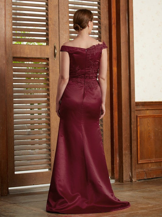 Ingrid Sheath/Column Satin Applique Off-the-Shoulder Sleeveless Sweep/Brush Train Mother of the Bride Dresses DSP0020348