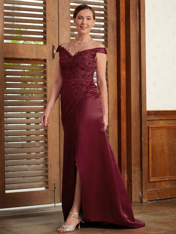 Ingrid Sheath/Column Satin Applique Off-the-Shoulder Sleeveless Sweep/Brush Train Mother of the Bride Dresses DSP0020348