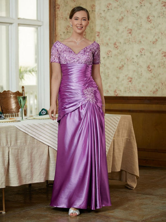 Natalie Sheath/Column Elastic Woven Satin Applique V-neck Short Sleeves Floor-Length Mother of the Bride Dresses DSP0020355