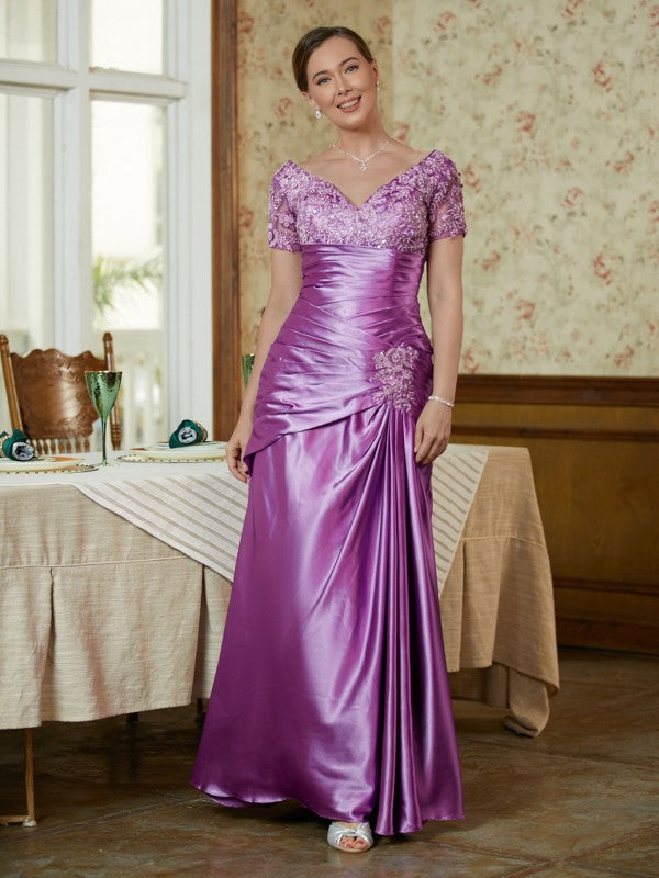 Natalie Sheath/Column Elastic Woven Satin Applique V-neck Short Sleeves Floor-Length Mother of the Bride Dresses DSP0020355