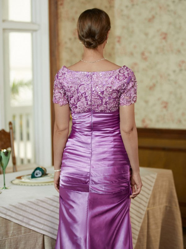 Natalie Sheath/Column Elastic Woven Satin Applique V-neck Short Sleeves Floor-Length Mother of the Bride Dresses DSP0020355