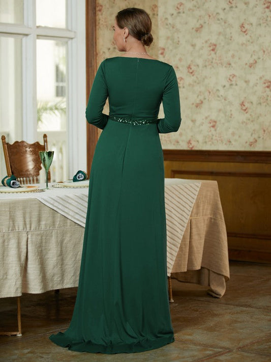 Shayla A-Line/Princess Jersey Beading V-neck Long Sleeves Sweep/Brush Train Mother of the Bride Dresses DSP0020357