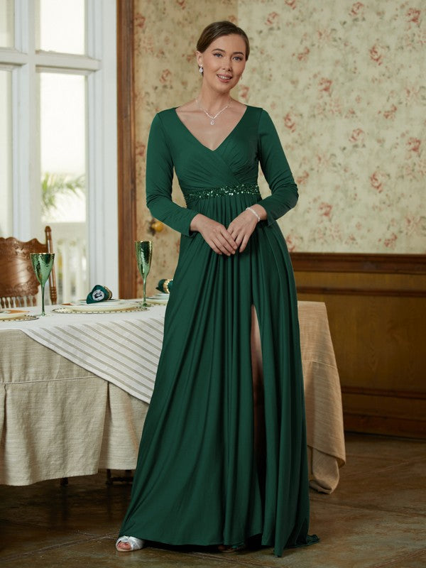 Shayla A-Line/Princess Jersey Beading V-neck Long Sleeves Sweep/Brush Train Mother of the Bride Dresses DSP0020357