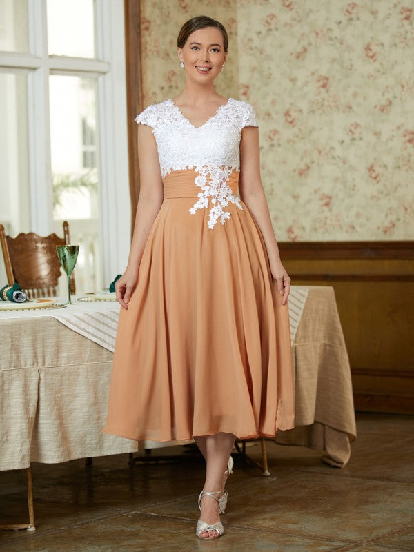 Wendy A-Line/Princess Chiffon Lace V-neck Sleeveless Tea-Length Mother of the Bride Dresses DSP0020364