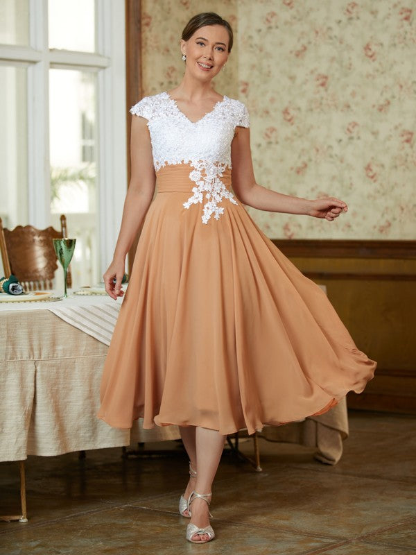 Wendy A-Line/Princess Chiffon Lace V-neck Sleeveless Tea-Length Mother of the Bride Dresses DSP0020364