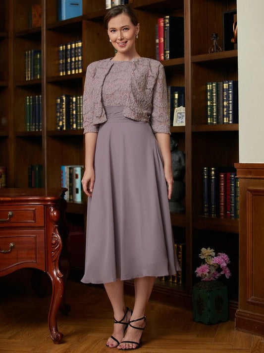 LuLu A-Line/Princess Chiffon Lace Scoop Sleeveless Tea-Length Mother of the Bride Dresses DSP0020366