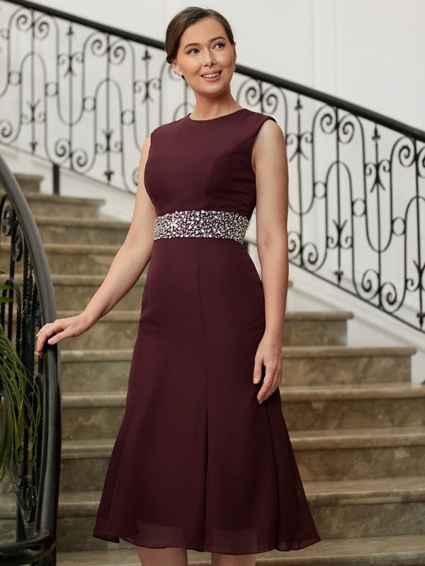 Aracely Sheath/Column Chiffon Beading Scoop Sleeveless Tea-Length Mother of the Bride Dresses DSP0020370