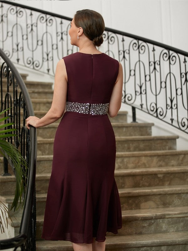 Aracely Sheath/Column Chiffon Beading Scoop Sleeveless Tea-Length Mother of the Bride Dresses DSP0020370