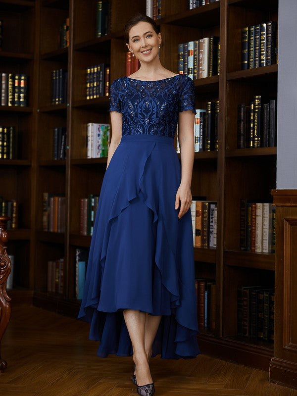 Pru A-Line/Princess Chiffon Applique Bateau Short Sleeves Asymmetrical Mother of the Bride Dresses DSP0020281