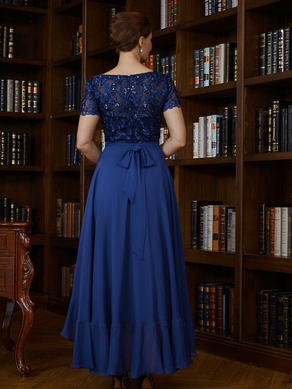Pru A-Line/Princess Chiffon Applique Bateau Short Sleeves Asymmetrical Mother of the Bride Dresses DSP0020281