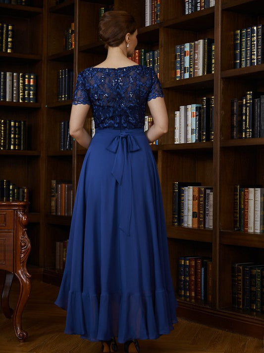 Pru A-Line/Princess Chiffon Applique Bateau Short Sleeves Asymmetrical Mother of the Bride Dresses DSP0020281