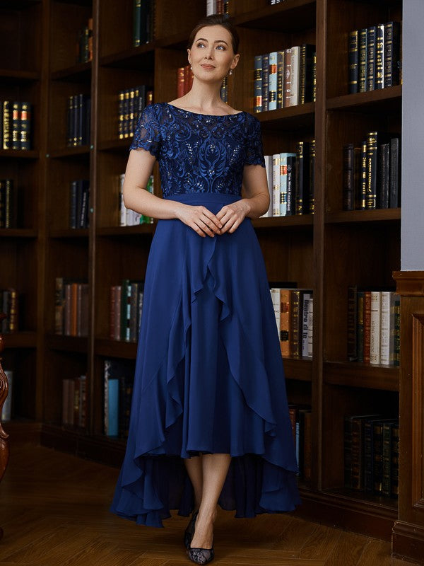 Pru A-Line/Princess Chiffon Applique Bateau Short Sleeves Asymmetrical Mother of the Bride Dresses DSP0020281