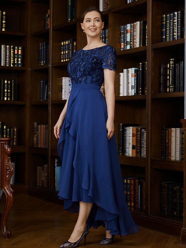 Pru A-Line/Princess Chiffon Applique Bateau Short Sleeves Asymmetrical Mother of the Bride Dresses DSP0020281