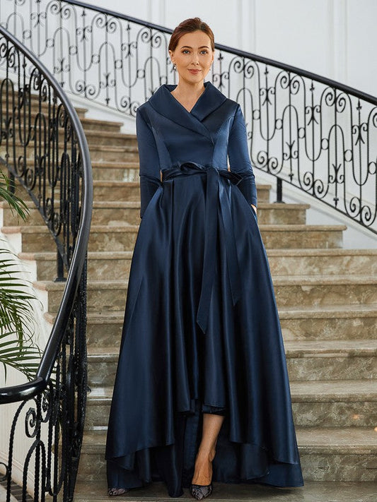 Maribel A-Line/Princess Satin Ruched V-neck Long Sleeves Asymmetrical Mother of the Bride Dresses DSP0020274