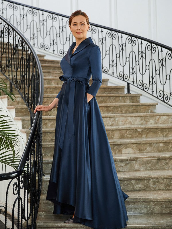 Maribel A-Line/Princess Satin Ruched V-neck Long Sleeves Asymmetrical Mother of the Bride Dresses DSP0020274