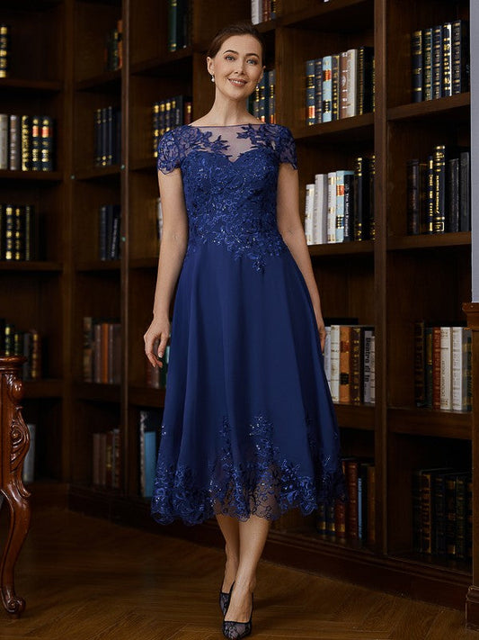 Eve A-Line/Princess Chiffon Applique Bateau Short Sleeves Tea-Length Mother of the Bride Dresses DSP0020275