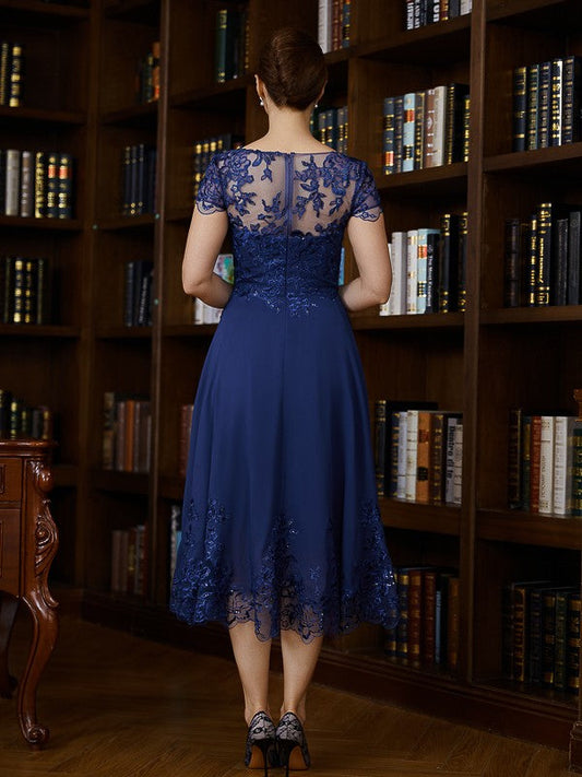 Eve A-Line/Princess Chiffon Applique Bateau Short Sleeves Tea-Length Mother of the Bride Dresses DSP0020275
