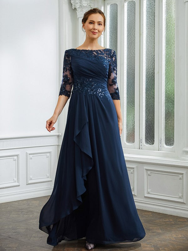 Stacy A-Line/Princess Chiffon Applique Bateau 3/4 Sleeves Floor-Length Mother of the Bride Dresses DSP0020276