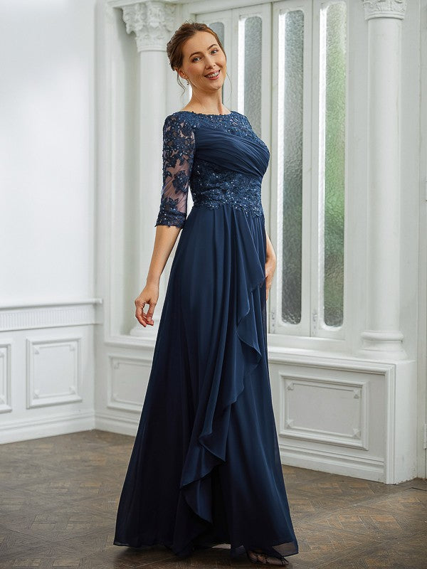 Stacy A-Line/Princess Chiffon Applique Bateau 3/4 Sleeves Floor-Length Mother of the Bride Dresses DSP0020276