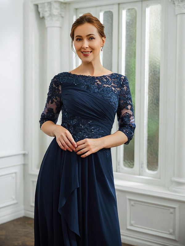 Stacy A-Line/Princess Chiffon Applique Bateau 3/4 Sleeves Floor-Length Mother of the Bride Dresses DSP0020276