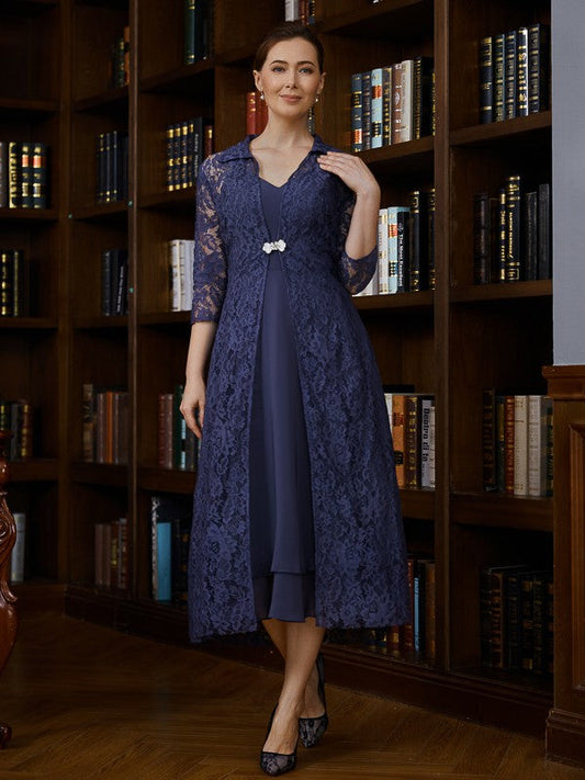 Camille A-Line/Princess Chiffon Ruched V-neck Sleeveless Tea-Length Mother of the Bride Dresses DSP0020277