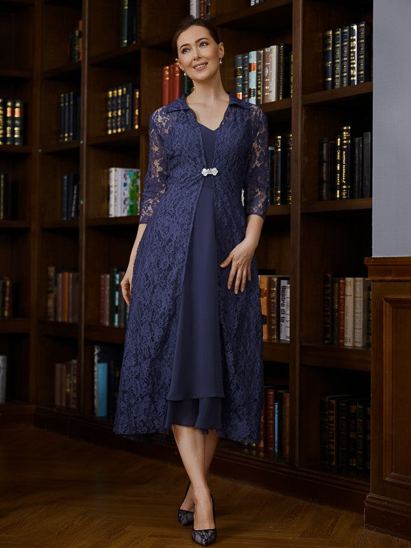 Camille A-Line/Princess Chiffon Ruched V-neck Sleeveless Tea-Length Mother of the Bride Dresses DSP0020277