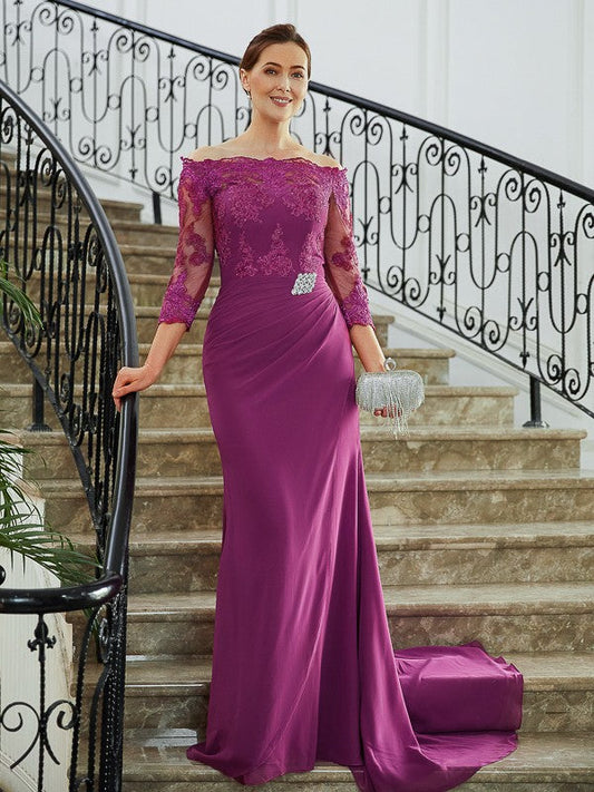 Lorena Sheath/Column Chiffon Applique Off-the-Shoulder 3/4 Sleeves Sweep/Brush Train Mother of the Bride Dresses DSP0020278