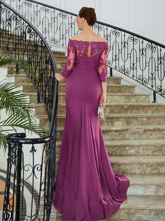 Lorena Sheath/Column Chiffon Applique Off-the-Shoulder 3/4 Sleeves Sweep/Brush Train Mother of the Bride Dresses DSP0020278