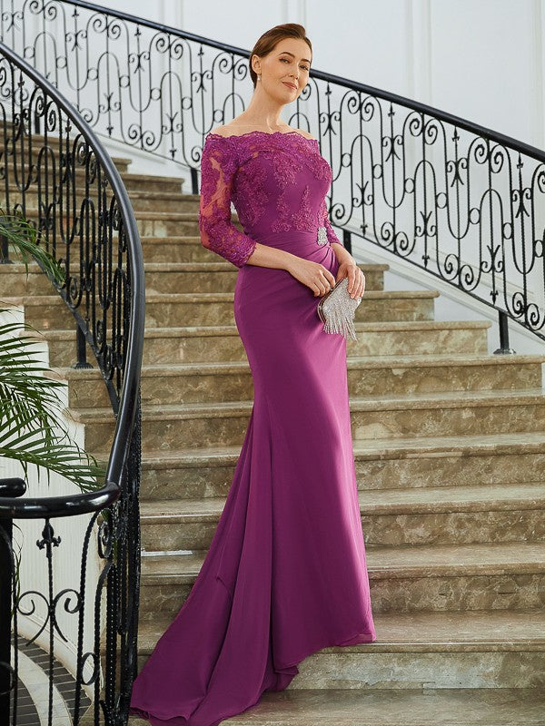 Lorena Sheath/Column Chiffon Applique Off-the-Shoulder 3/4 Sleeves Sweep/Brush Train Mother of the Bride Dresses DSP0020278