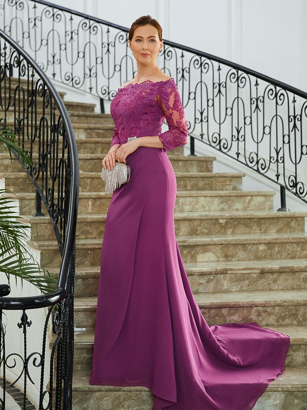 Lorena Sheath/Column Chiffon Applique Off-the-Shoulder 3/4 Sleeves Sweep/Brush Train Mother of the Bride Dresses DSP0020278