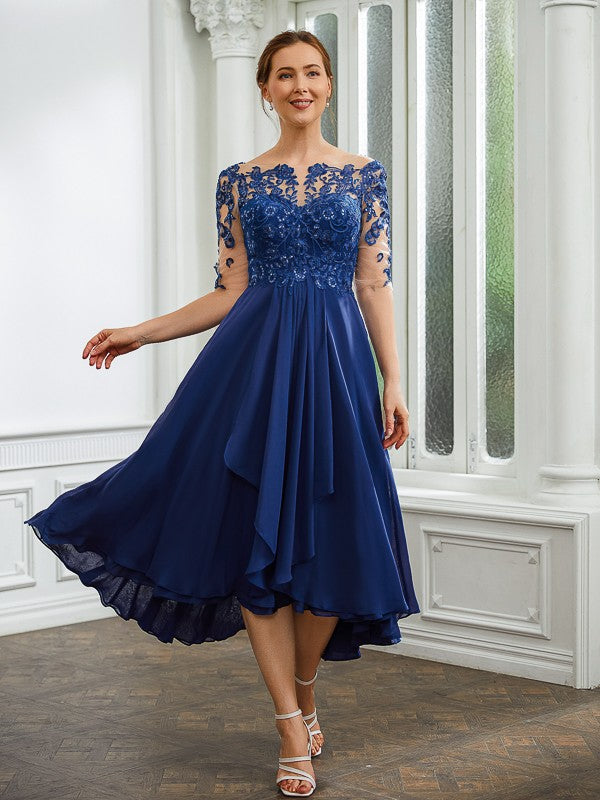 Nyla A-Line/Princess Chiffon Applique Bateau 1/2 Sleeves Tea-Length Mother of the Bride Dresses DSP0020279