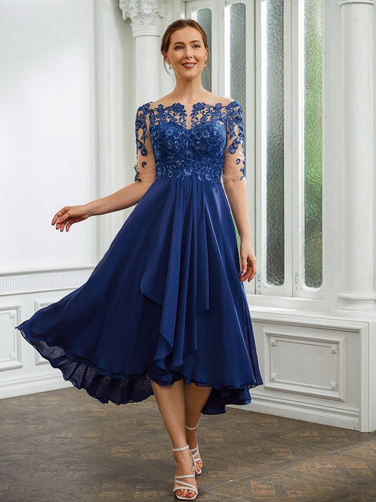 Nyla A-Line/Princess Chiffon Applique Bateau 1/2 Sleeves Tea-Length Mother of the Bride Dresses DSP0020279