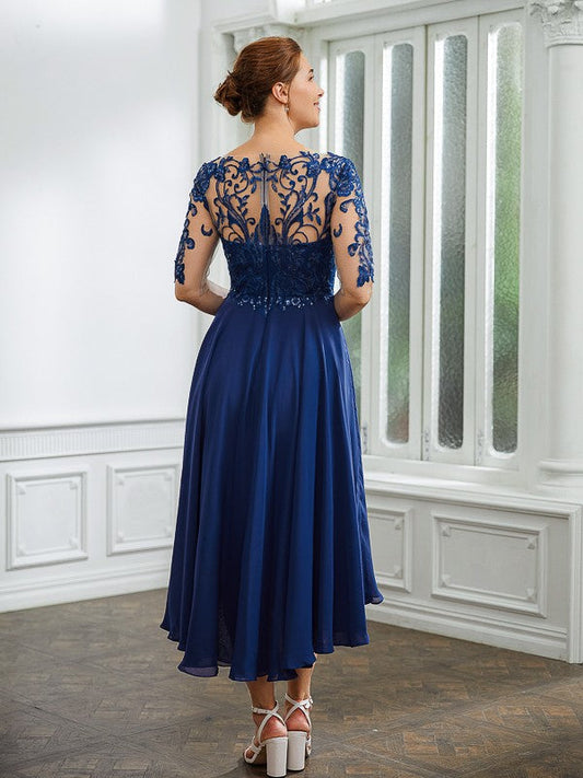 Nyla A-Line/Princess Chiffon Applique Bateau 1/2 Sleeves Tea-Length Mother of the Bride Dresses DSP0020279
