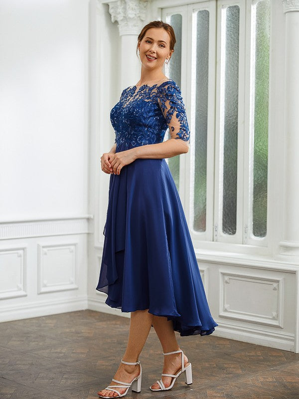 Nyla A-Line/Princess Chiffon Applique Bateau 1/2 Sleeves Tea-Length Mother of the Bride Dresses DSP0020279