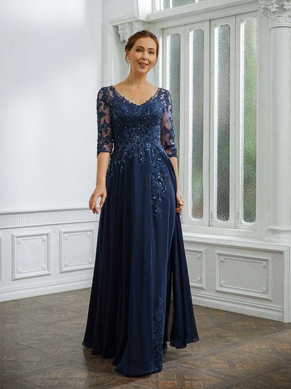 Alissa A-Line/Princess Chiffon Applique V-neck 3/4 Sleeves Floor-Length Mother of the Bride Dresses DSP0020267