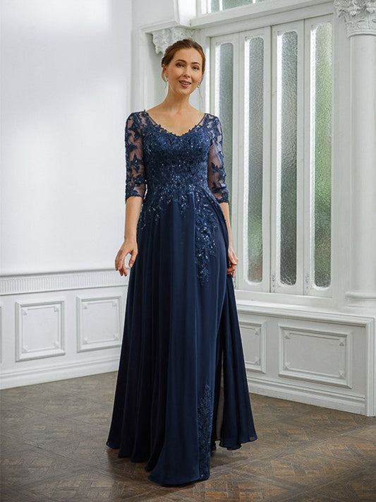 Alissa A-Line/Princess Chiffon Applique V-neck 3/4 Sleeves Floor-Length Mother of the Bride Dresses DSP0020267