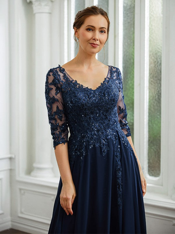 Alissa A-Line/Princess Chiffon Applique V-neck 3/4 Sleeves Floor-Length Mother of the Bride Dresses DSP0020267