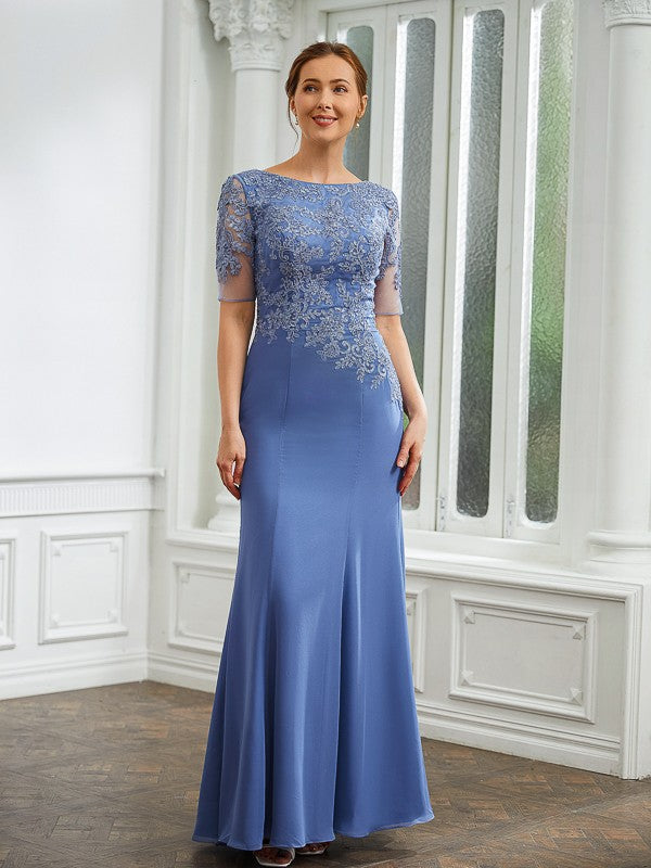 Nevaeh Sheath/Column Chiffon Applique Bateau Short Sleeves Floor-Length Mother of the Bride Dresses DSP0020272
