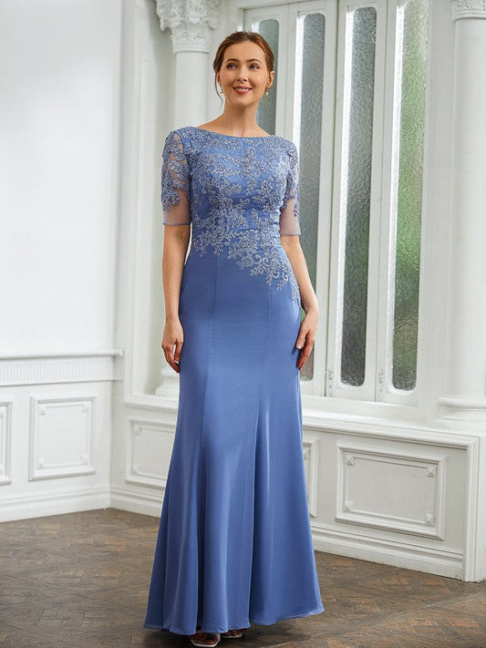 Nevaeh Sheath/Column Chiffon Applique Bateau Short Sleeves Floor-Length Mother of the Bride Dresses DSP0020272
