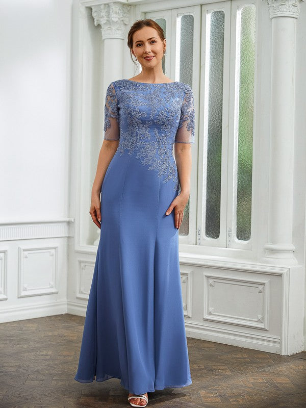 Nevaeh Sheath/Column Chiffon Applique Bateau Short Sleeves Floor-Length Mother of the Bride Dresses DSP0020272