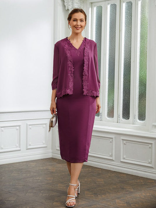 Leah Sheath/Column Chiffon Applique V-neck Sleeveless Tea-Length Mother of the Bride Dresses DSP0020263