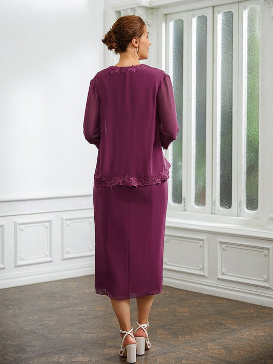 Leah Sheath/Column Chiffon Applique V-neck Sleeveless Tea-Length Mother of the Bride Dresses DSP0020263