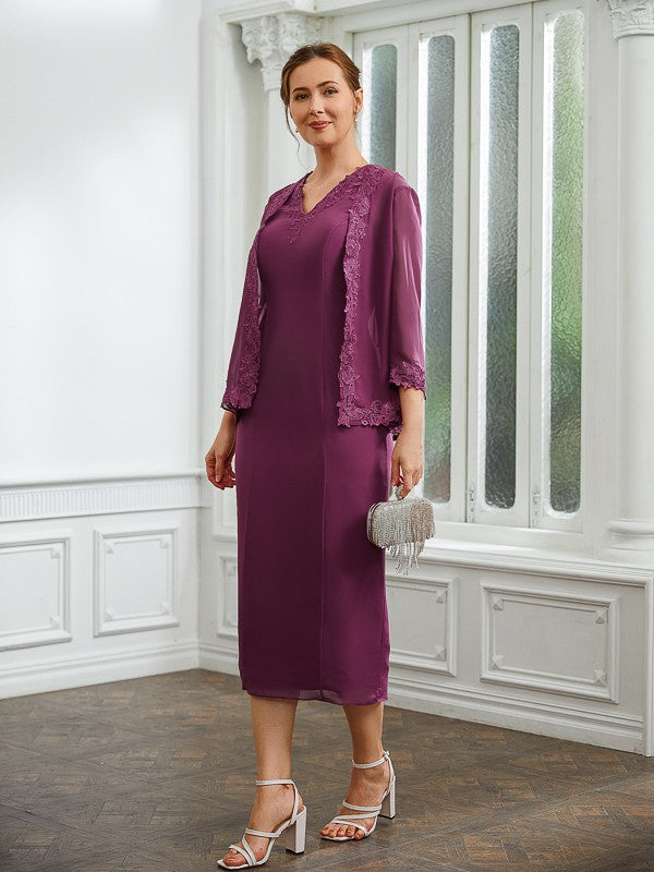 Leah Sheath/Column Chiffon Applique V-neck Sleeveless Tea-Length Mother of the Bride Dresses DSP0020263
