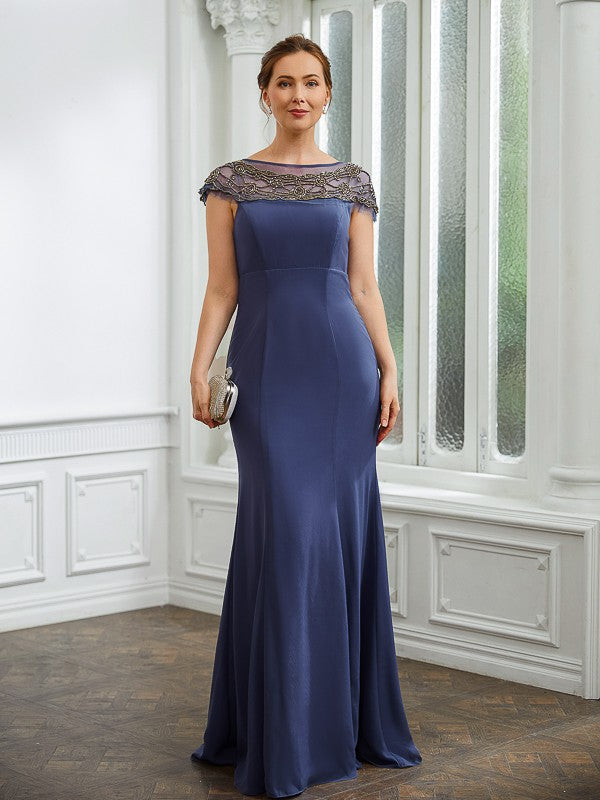 Esperanza Sheath/Column Chiffon Beading Bateau Short Sleeves Floor-Length Mother of the Bride Dresses DSP0020253